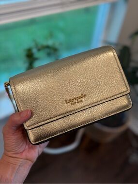 kate spade Metallic Gold Pebbled Leather Crossbody Wallet On Chain Strap